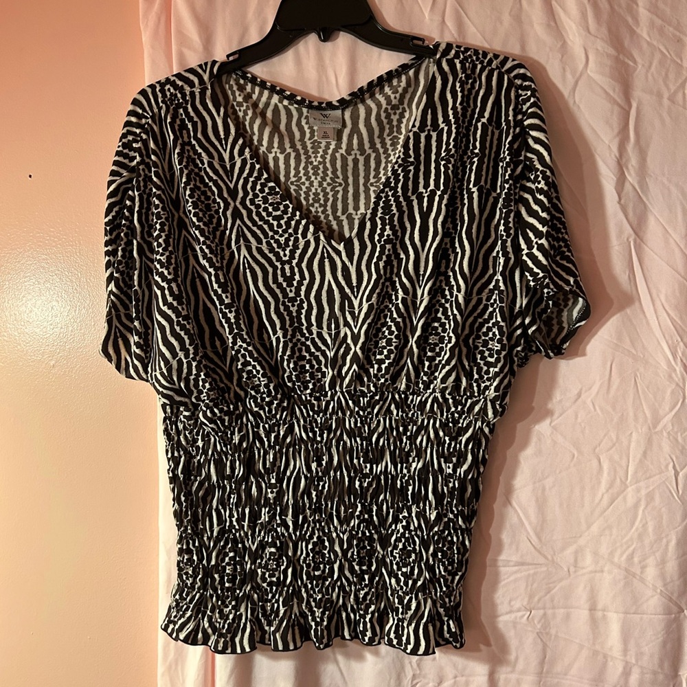 Worthington Brown and Cream Zebra Print V-Neck Blouse with Shirred Waist